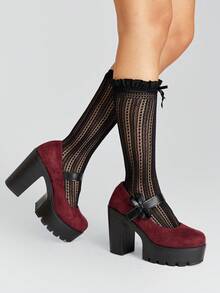 ROMWE Goth Women's Thick Sole Bow Decor Fashion High Heels - Burgundy - View 4