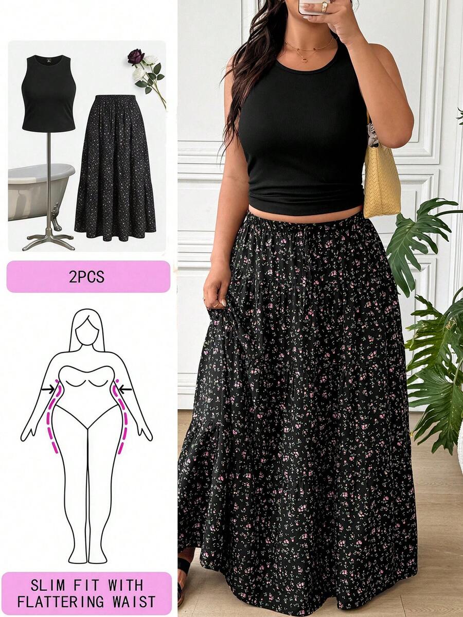 SHEIN EZwear 黑色背心上衣與碎花裙休閒大尺碼套裝 - 黑色 - 查看 1