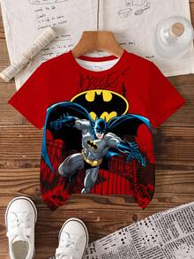 BATMAN X SHEIN 小男孩夏季休閒卡通印花T恤 - 白色 - 查看 3