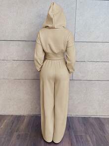 Hitanina 女款前拉鍊連帽外套與長褲兩件套優雅套裝 - 卡其色 - 查看 2