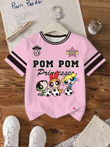 THE POWERPUFF GIRLS X SHEIN 青少年女孩圓領字母卡通印花休閒日常短袖T恤 - 白色 - 查看 1