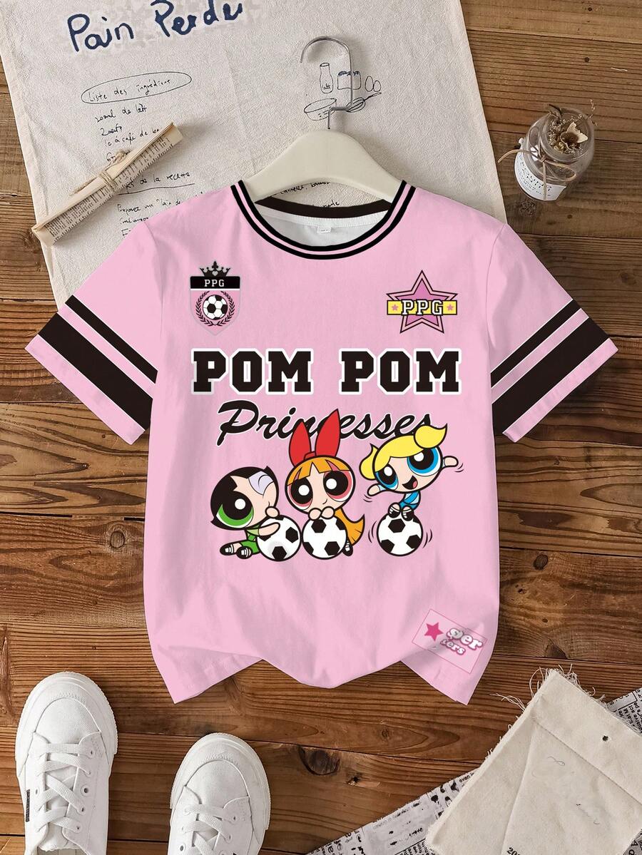 THE POWERPUFF GIRLS X SHEIN 青少年女孩圓領字母卡通印花休閒日常短袖T恤 - 白色 - 查看 1