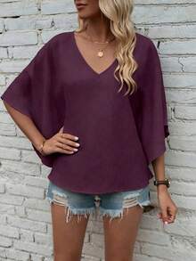 EMERY ROSE Casual Solid Color Batwing Sleeve Shirt, Summer Holiday Vacation Dark Purple - Purple - View 7
