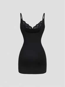 Sweetra Women's Sexy Lace Patchwork V-Neck Cami Short Dress, Suitable For Spring, Summer And Autumn - Black - View 2