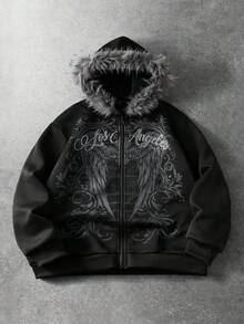 ROMWE MEN Men's Dark Rhinestone Gothic Letter & Wing Print Loose Fit Open Front Plush Hooded Sweatshirt - Black - View 1