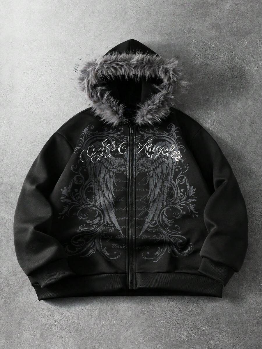 ROMWE MEN Men's Dark Rhinestone Gothic Letter & Wing Print Loose Fit Open Front Plush Hooded Sweatshirt - Black - View 1