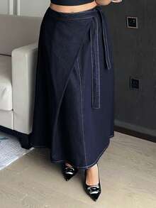 Dazy Plus Women's Plus Size Long Casual Denim Skirt With Belt Splicing Tie Design, Dark Wash Blue, Autumn New Arrival - Dark Wash - View 9