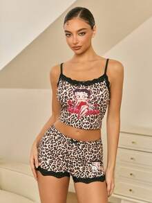 Betty Boop x SHEIN Women's Leopard Print Cartoon Pattern Lace Camisole Top And Shorts Pajama Set - Brown - View 5