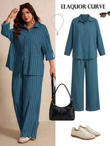 Elaquor Plus Size Casual Minimalist Basic Striped 2 Pieces Set, Loose Fit Fall - Blue - View 8