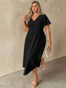 Auralis Plus Size Summer Casual Solid Color Waist-Cinching Dress Brunch Bussines Vacation Black - Black - View 6