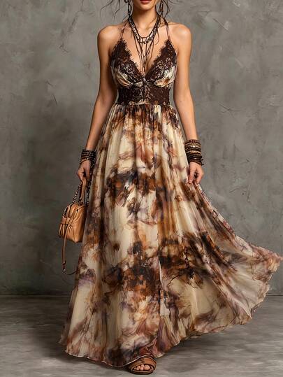 LUMIGAL Vestido midi de mujer con tirantes de lazo, estampado tie-dye, patchwork y encaje, tirantes finos, estilo bohemio elegante para primavera/verano y oficina