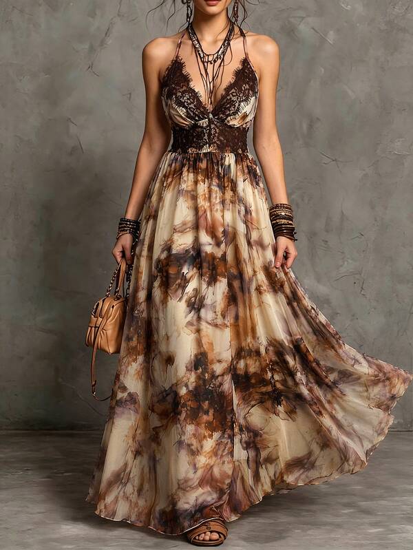 LUMIGAL Women's Tie-Strap Tie-Dye Print Patchwork Lace Spaghetti Strap Midi Dress, Boho Spring/Summer Elegant Commute