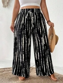 SHEIN CURVE+ Plus Size Casual Striped Print Pants For Vacation - Multicolor - View 1
