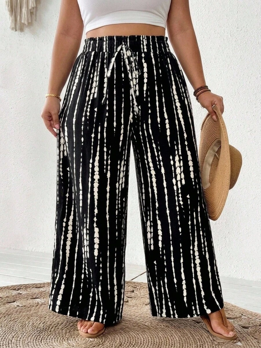 SHEIN CURVE+ Plus Size Casual Striped Print Pants For Vacation - Multicolor - View 1
