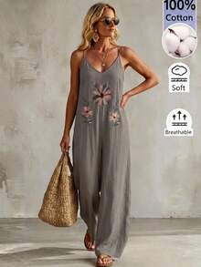 Faunlyn Women's Vacation Casual Floral Embroidered Spaghetti Strap Jumpsuit - Multicolor - View 2