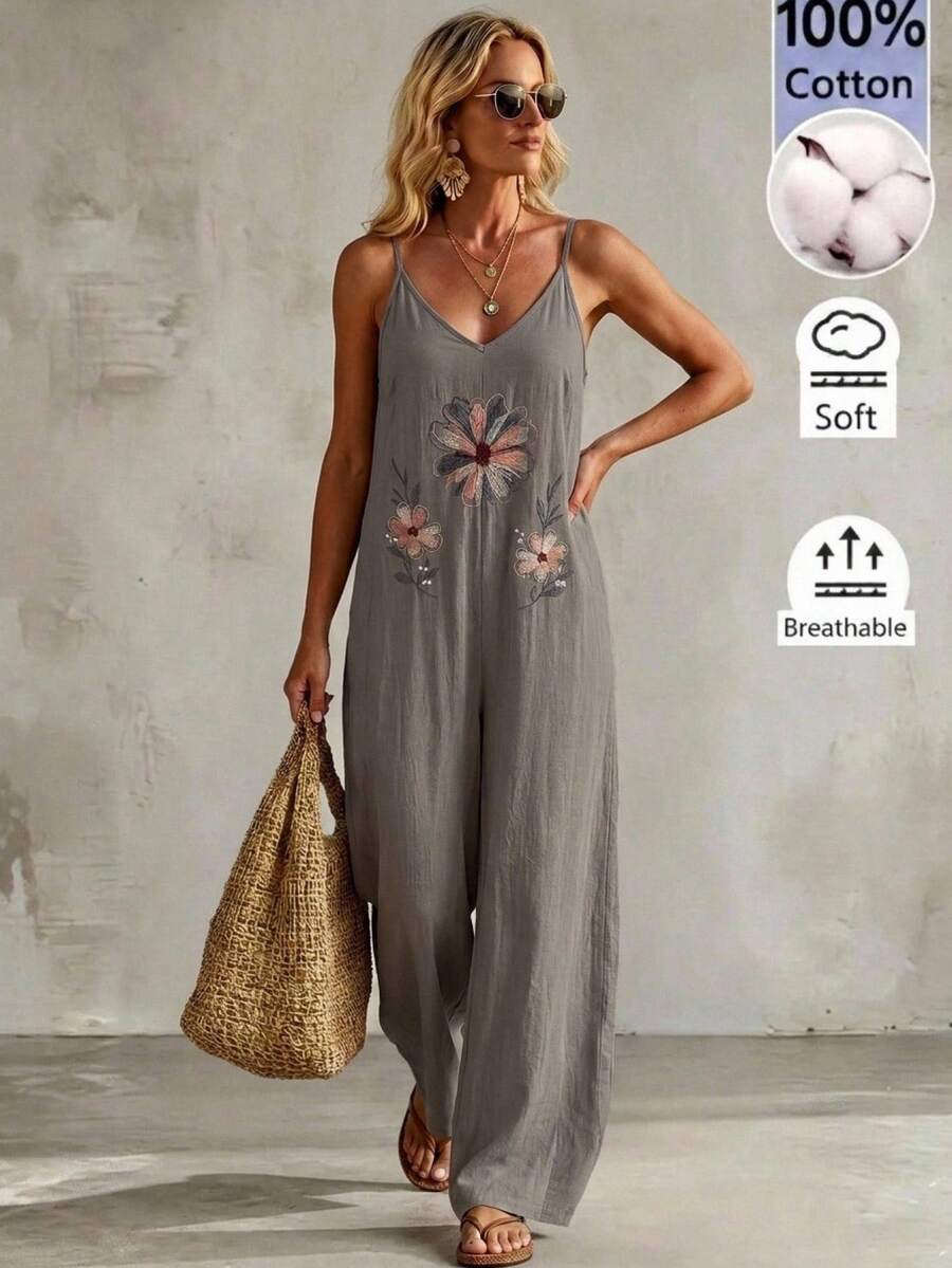 Faunlyn Women's Vacation Casual Floral Embroidered Spaghetti Strap Jumpsuit