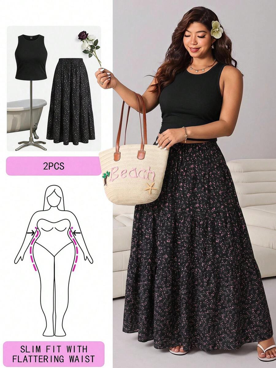 SHEIN EZwear 黑色背心上衣與碎花裙休閒大尺碼套裝 - 黑色 - 查看 1