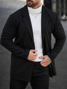 Manfinity CasualCool 男士純色單排扣時尚百搭日常休閒大衣 - 黑色 - 查看 4