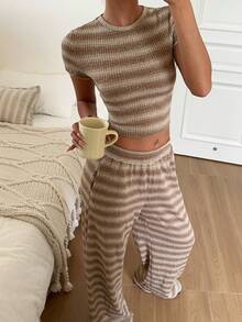 SHEIN EZwear 女款棕色條紋針織休閒套裝 - 咖啡棕 - 查看 5