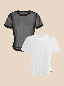 Cheerettes Women's Solid Color Round Neck Casual Versatile Daily Travel Sports Short Sleeve T-Shirt 2pcs/Pack - Black and White - View 5