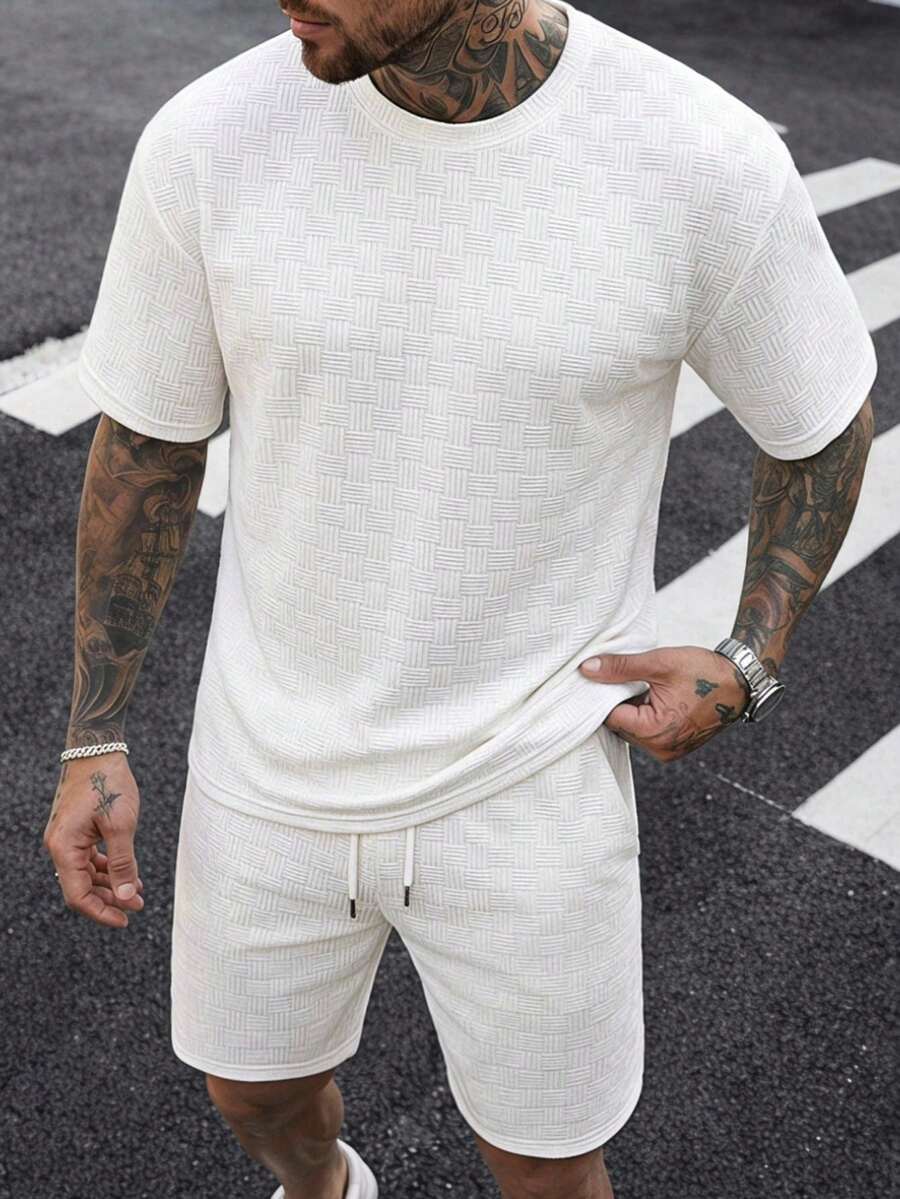 Manfinity CasualCool Men's Solid Color Short Sleeve T-Shirt And Shorts Set - White - View 1