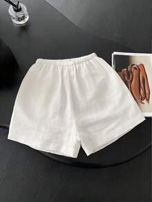 SHEIN New Women's Linen Elastic Waist Drawstring Straight Leg Wide Leg Casual White Loose Minimalist Plus Size 2-Piece Shorts Set - Multicolor - View 2