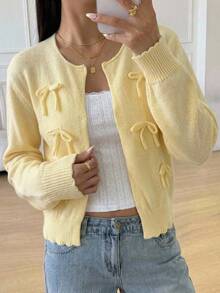 SHEIN 青少年女孩休閒日常百搭舒適開襟衫 秋冬穿搭 - 黃色 - 查看 8