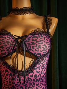 SpicyHot Série de Estampa Animal Estampa de Leopardo Vermelho Rosado com Fita Frontal de Malha Preta, Bodysuit Sexy Justo Feminino 2 Peças, Lua de Mel, Quente, Noite de Encontro, Lingerie Sexy de Renda - Multicolorido - Visão 7