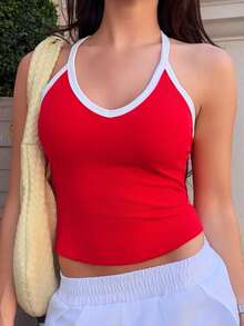 Harriette Anya Women's Contrast Color Casual Fitness Racerback Tank Top Sports - Red - View 3