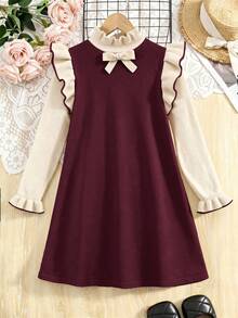 SHEIN Serisse Kids Tween Girl 3D Bow Decor Ruffle Flare Cuff Sweater Autumn Dress - Burgundy - View 6