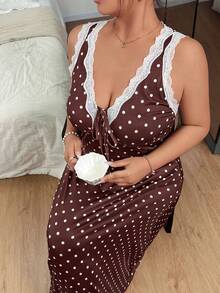 Napfluff CURVE Napfluff CURVE 可愛波點印花蕾絲飾邊拼接繫帶無袖大尺碼睡裙 - 巧克力棕 - 查看 4