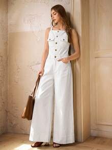 Selenza Plus Size Women's Button Casual Traditional Daily Formal Vacation Outing Camisole Denim Wide Leg Jumpsuit White Summer - White - View 5