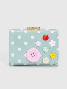ROMWE Kawaii 1Pc Cute Dopamine Fashion Short Wallet With Polka Dots & Button Decor, Compact Women's Short Purse, Back To School Gift, Portable Daily Card Organizer - Blue - View 1