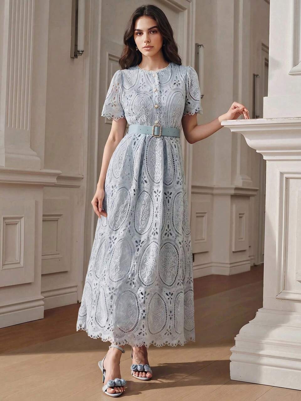 Anewsta Women's Spring/Summer Elegant Fashion Beaded Trim Heavy Craft Water-Soluble Lace Positioned Cut Blue Waist-Cinching Belt Decorated Dress, Holiday Dress, Summer Clothing, Elegant Dress,