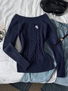SHEIN Teen Girl Teen Girl Autumn/Winter Embroidered Twisted Crew Neck Long Sleeve Pullover Sweater, Navy Blue - Royal Blue - View 4