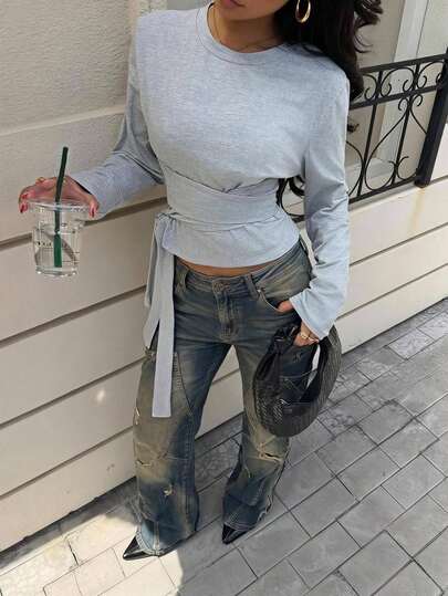 Slaydiva Round Neck Ruched Design Slimming Effect Long Sleeve Light Gray Top New Style Summer, Music Festival, Valentine's Day, Easter, Back To School, Casual, Minimalist, Basic, Street Y2K, Street Sweet Style, Hot Selling, Daily Dating Women's Sweatshirt - A