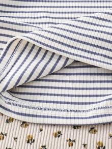 Girls' T-Shirt With Collar, Striped Colorblock, Waist-Cinching, Casual Back To School Academy Style - Blue and White - View 3