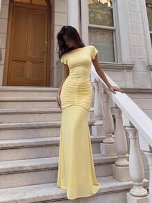 Lumalex Pale Yellow Boat Neck Maxi Dress With Flutter Sleeves Ruched Hip Detail Bodycon Bodice And Flared Hem Skirt Summer Holiday Outfits Elegant Dinner - Light Yellow - View 5