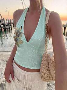 Lumalex Mint Green Sequin Halter Deep V Neck Tie Back Open Back 3D Floral Applique Embroidery Crop Top Summer Dates Party Night Rave Club Night Out Sexy Disco - Green - View 5