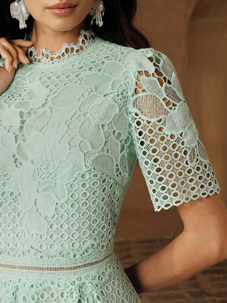 Anewsta Elegant Solid Color Hollow Lace Placement Flower Short Sleeve High-Low Hem Sophisticated Quality Flattering Women Long Dress