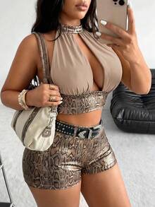 POPSWAY Ensemble sexy et décontracté pour femmes grandes tailles avec top plissé à col licou et short blocs de couleurs - Multicolore - Voir 3