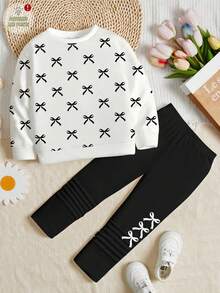 SHEIN Leap Crew 2 件套青少年女孩休闲蝴蝶结装饰圆领舒适长袖运动衫和紧身裤套装，适合秋冬季 - 彩色 - 查看 2
