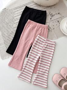 SHEIN Playful Pals 3件組女嬰幼兒百搭休閒多色純色與條紋彈性腰長褲，女嬰喇叭褲，幼兒內搭褲，嬰兒長褲，四季百搭喇叭褲款 - 彩色 - 查看 10