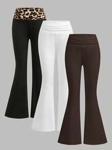 Girlism Tween Girl Tween Girls 3pcs Spring/Summer New Fashion Casual Brown & White Leopard Print Waistband Solid Color Patchwork Leopard Print Flare Leggings Set, Elastic Waistband, Fitness Sports Flare Leggings, American Retro Versatile - Brown - View 4