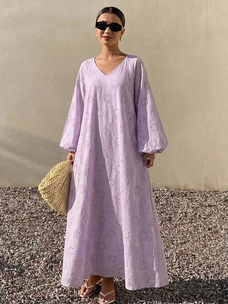 Livesso Robe ample mi-longue à col en V ajouré en dentelle pour femmes, robe d'été pour vacances - Prune - Voir 1
