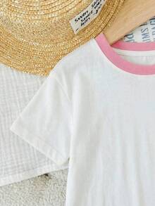 SHEIN 女童草莓图案针织柔软圆领短袖落肩上衣和条纹短裤两件套 - 粉色 - 查看 6