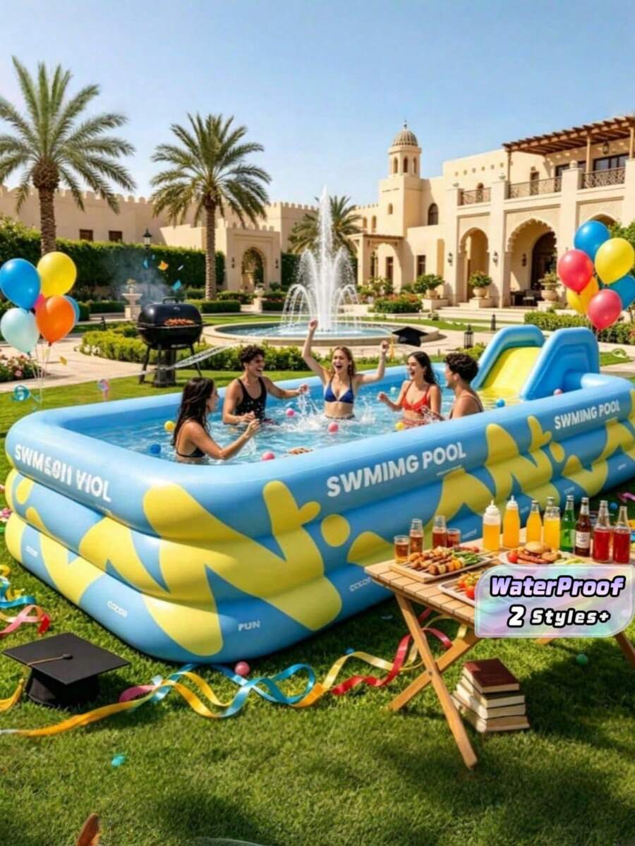 1pc Foldable Portable Multi-Layer Inflatable Swimming Pool, Made Of Soft And Durable PVC Thickened Material, Suitable For Garden, Backyard Or Rooftop Relaxation Water Entertainment Equipment Swimming Pool, Large Blue Inflatable Swimming Pool - C - View 1