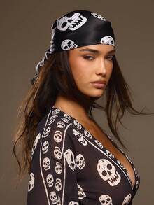 MUSERA Satin Skull Print Headscarf Spring Summer Vacation Sexy Holiday Accessory Elegance - Black and White - View 1
