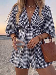 KARISMINA Woven Plaid V-Neck Puff Short Sleeve Women's Jumpsuit - Navy Blue - View 10