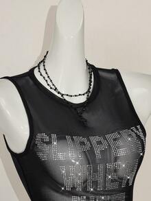 SHEIN ICON Y2k 夏季黑色网纱透视性感水钻亮片女士水钻字母网纱露背紧身吊带背心 - 黑色 - 查看 12